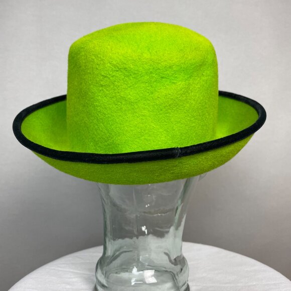 Vintage Felt Wool Hat Women Bright Green Black Velvet Brim Halloween Costume - Picture 3 of 14